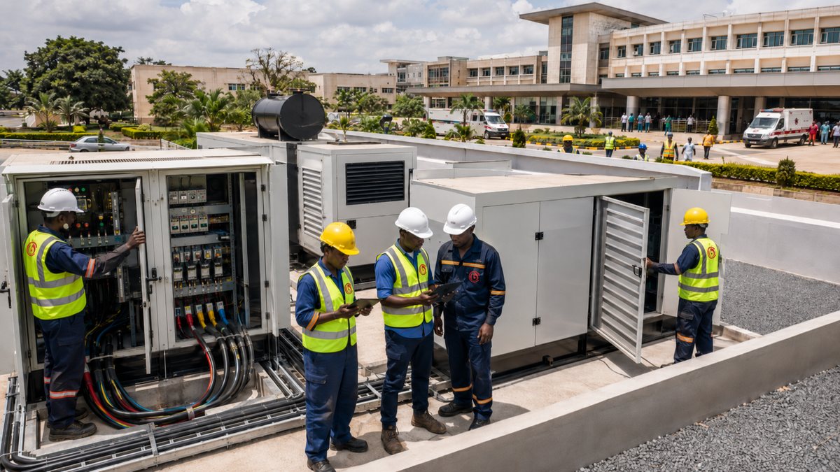 Engineers at work on standby generator systems and switchgear at Bolgatanga Regional Hospital