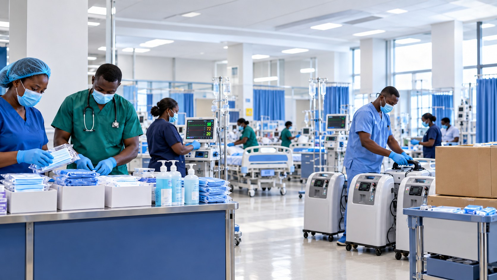 Clinicians preparing oxygen concentrators, patient monitors and consumables on a hospital ward