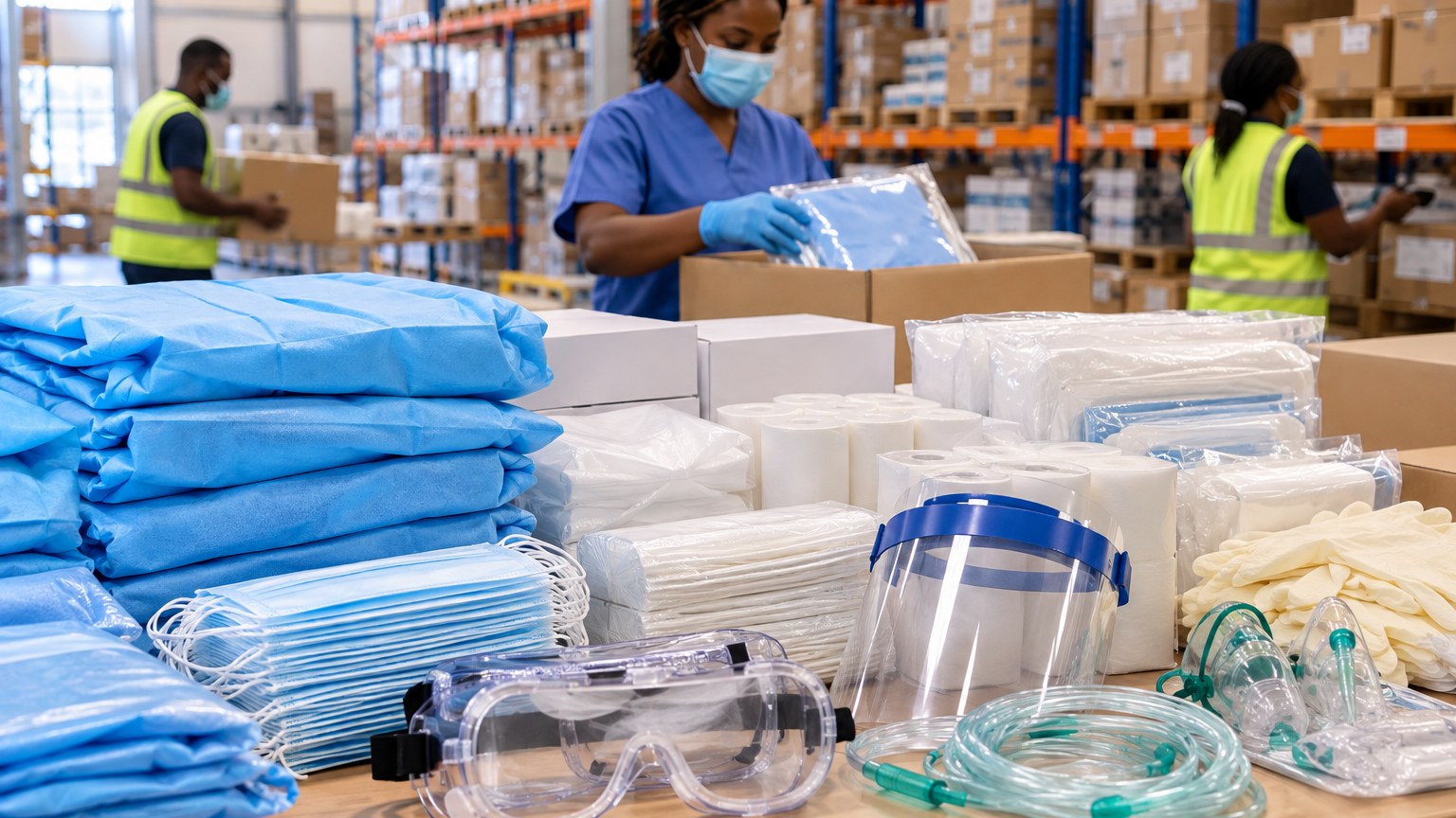 Gowns, masks, face shields, goggles and oxygen cannulas laid out on a warehouse table for checking and packing