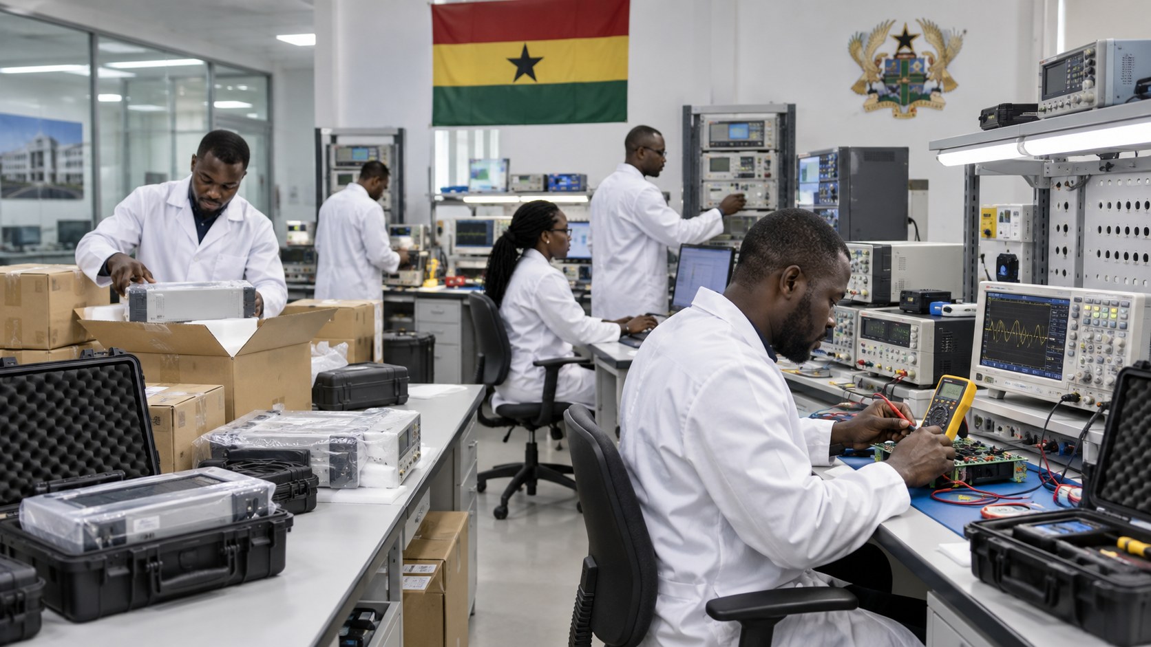 Calibration engineers testing electronic instruments at benches in a metrology laboratory beneath the Ghana flag