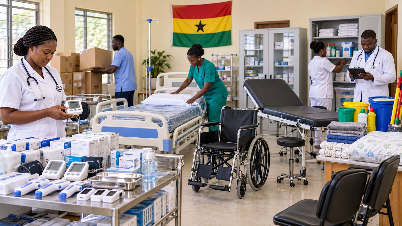 Hospital beds, patient monitors, a wheelchair and ward furnishings being arranged in a clinic room beneath the Ghana flag
