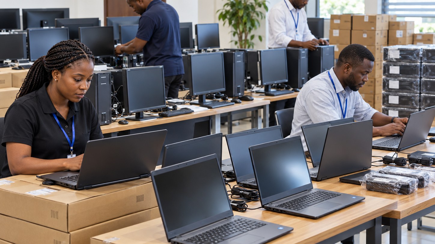 Technicians setting up rows of new desktop computers and laptops in a deployment room