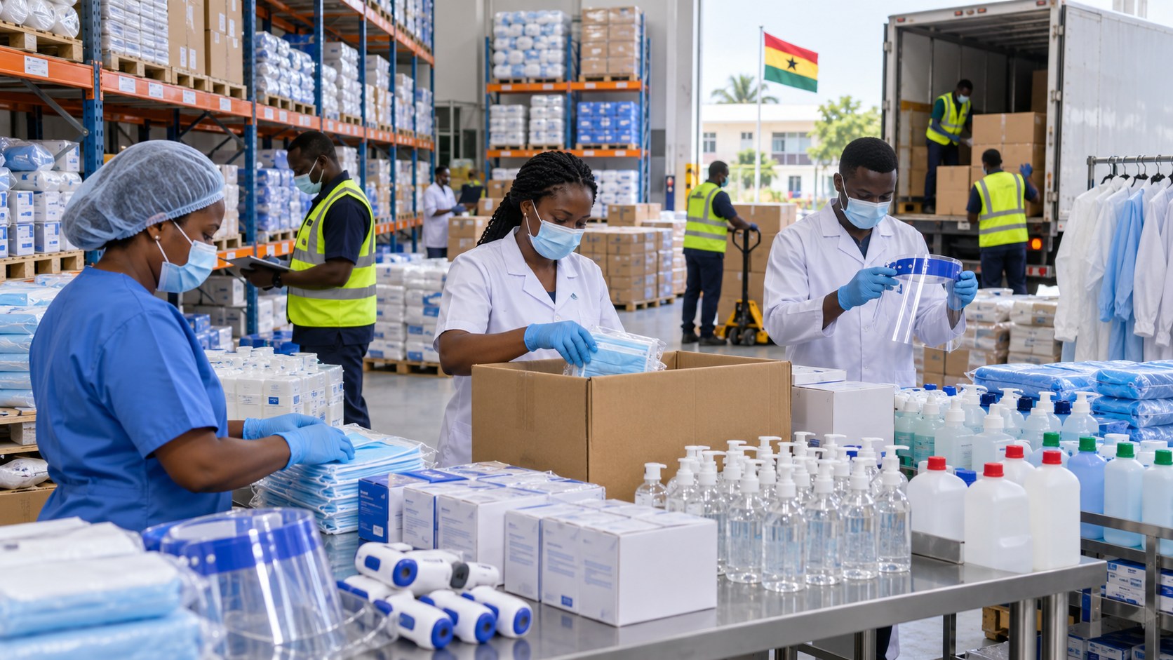 Warehouse team packing protective equipment cartons for distribution, with a truck loading at the dock