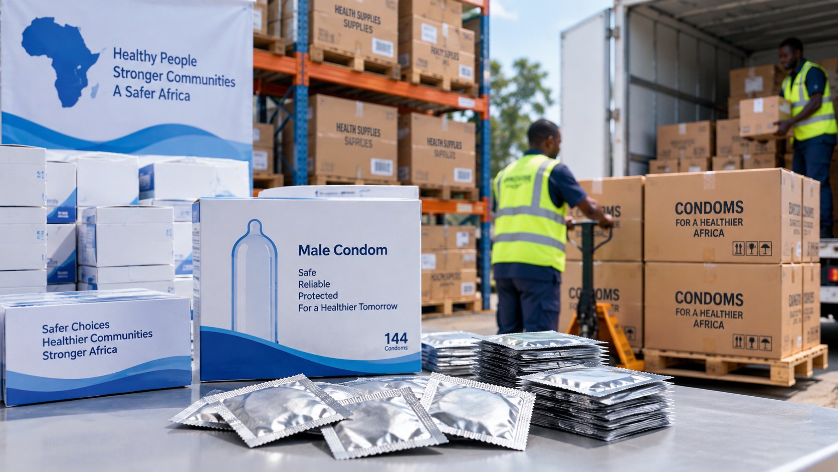 Condom commodity cartons and foil packs being processed in a health supplies warehouse