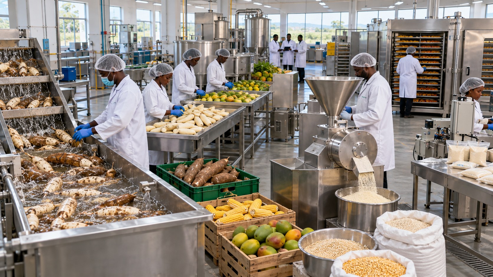 Food-processing hall with washing lines, mills and drying equipment handling cassava, maize and fresh produce