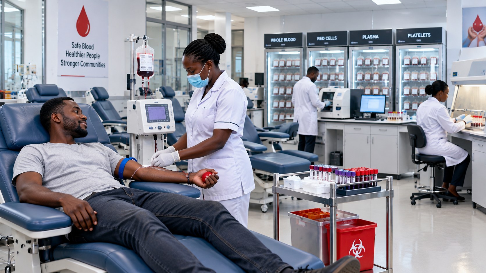 Blood donation chair, processing analysers and blood-component refrigerators at a blood service facility