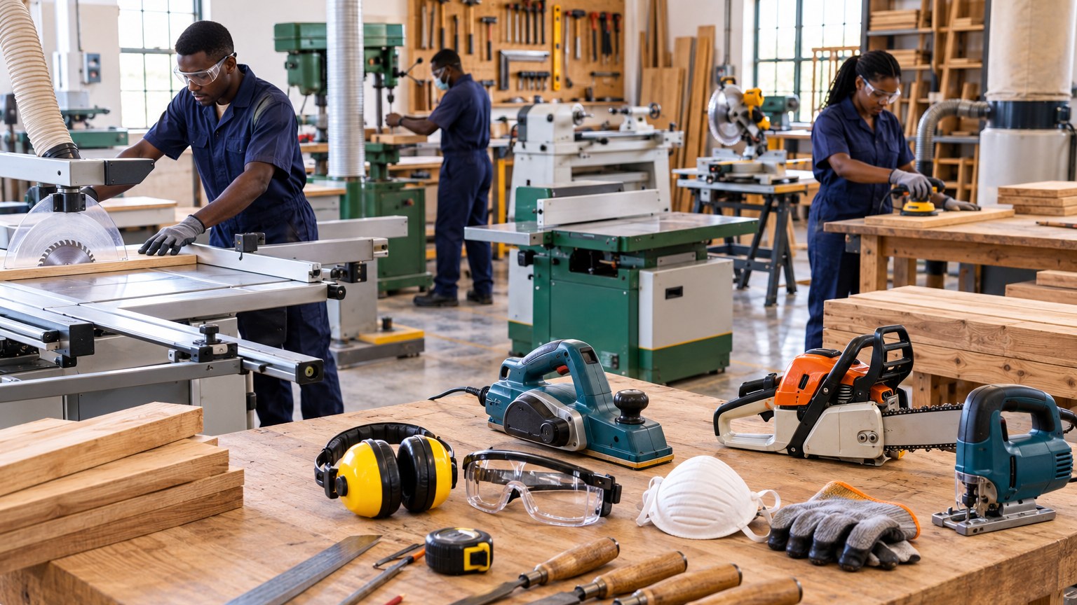 Wood technology workshop with saws, lathes and planers, and a bench of power tools and safety gear
